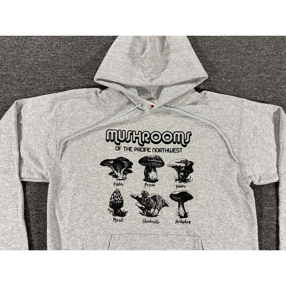 Hanes Mushroom Sweater Mens Medium Gray Pullover Hoodie Long Sleeve Jacket - Picture 2 of 12